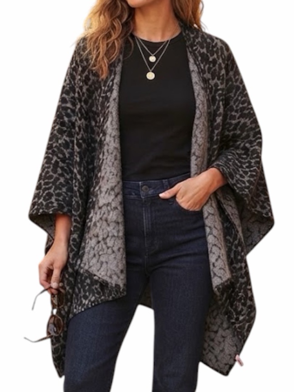 LA VIE EN ROSE Animal Print Open-Front Poncho Cape Gray OS